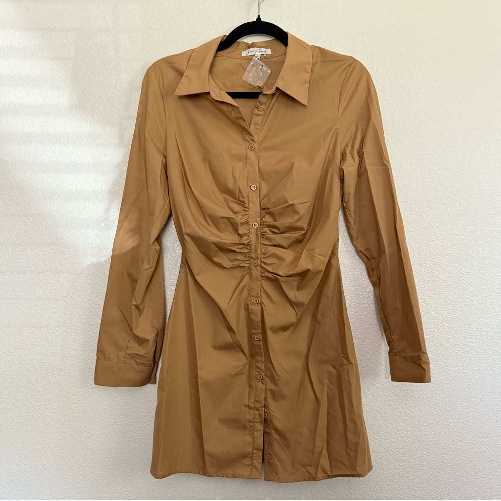 NEW Emory Park Ruched Button Front Long Sleeve Mini Dress in Tan Small